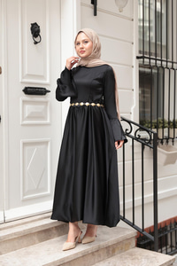Saten Kiloş Etekli Elbise Siyah