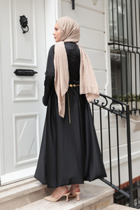 Saten Kiloş Etekli Elbise Siyah