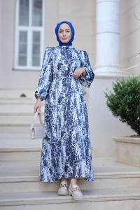 Saten Leopar Desen Bel Bağlamalı Elbise Mavi