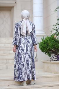 Saten Leopar Desen Bel Bağlamalı Elbise Vizon