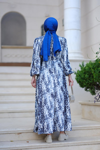 Saten Leopar Desen Bel Bağlamalı Elbise Mavi