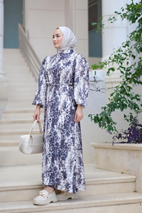 Saten Leopar Desen Bel Bağlamalı Elbise Vizon