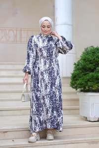 Saten Leopar Desen Bel Bağlamalı Elbise Vizon