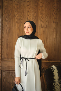 Scuba Puf Detay Elbise Beyaz