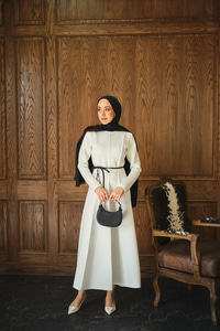 Scuba Puf Detay Elbise Beyaz