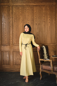 Scuba Puf Detay Elbise Sarı