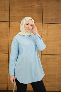 Şeffaf Düğme Detaylı Basic Gömlek Bebe Mavi