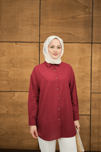Şeffaf Düğme Detaylı Basic Gömlek Bordo
