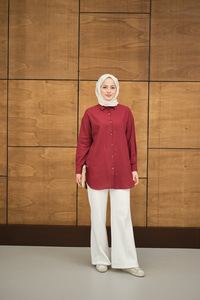 Şeffaf Düğme Detaylı Basic Gömlek Bordo