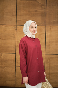 Şeffaf Düğme Detaylı Basic Gömlek Bordo