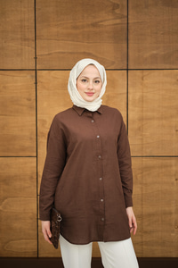 Şeffaf Düğme Detaylı Basic Gömlek Kahverengi