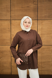 Şeffaf Düğme Detaylı Basic Gömlek Kahverengi