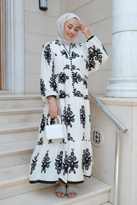 Şekil Desen Elbise Beyaz