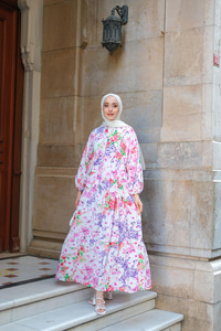 Şekil Desen Elbise Fuşya