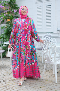 Şekil Desen Elbise Fuşya