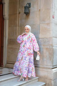 Şekil Desen Elbise Fuşya