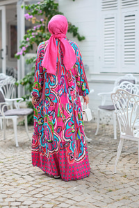 Şekil Desen Elbise Fuşya