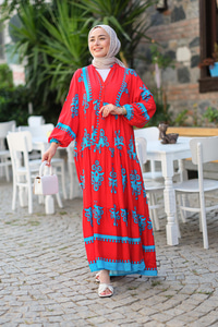 Şekil Desen Elbise  Kırmızı