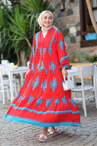 Şekil Desen Elbise  Kırmızı