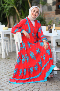 Şekil Desen Elbise  Kırmızı