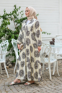 Şekil Desen Elbise Krem