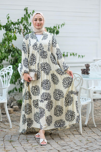 Şekil Desen Elbise Krem