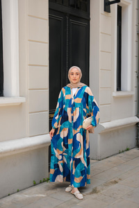 Şekil Desen Elbise Mavi