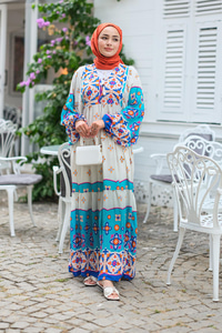 Şekil Desen Elbise Mavi