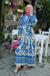 Şekil Desen Elbise Mavi