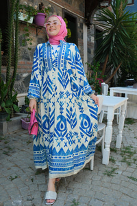 Şekil Desen Elbise Mavi