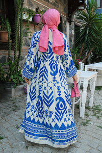 Şekil Desen Elbise Mavi