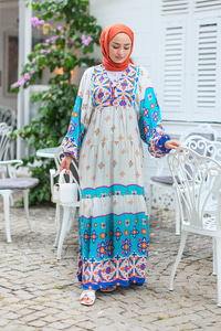 Şekil Desen Elbise Mavi