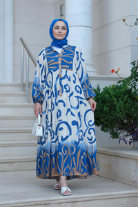 Şekil Desen Elbise Mavi