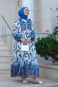 Şekil Desen Elbise Mavi