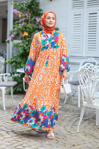 Şekil Desen Elbise Turuncu