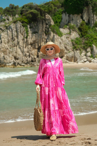 Şekil Desenli Elbise Fuşya