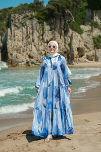 Şekil Desenli Elbise Mavi