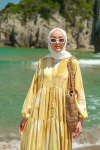 Şekil Desenli Elbise Sarı