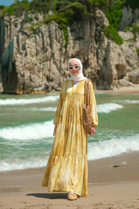 Şekil Desenli Elbise Sarı