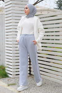 Şerit Çizgili Eşofman Altı Gri