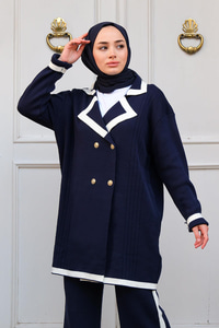 Şerit Desenli Gold Düğmeli İkili Takım  Lacivert