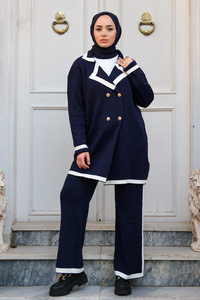 Şerit Desenli Gold Düğmeli İkili Takım  Lacivert