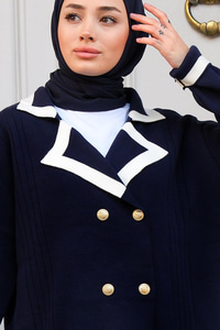 Şerit Desenli Gold Düğmeli İkili Takım  Lacivert