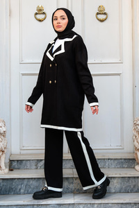 Şerit Desenli Gold Düğmeli İkili Takım  Siyah