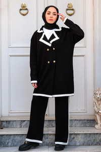 Şerit Desenli Gold Düğmeli İkili Takım  Siyah