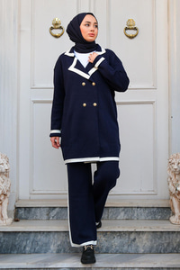 Şerit Desenli Gold Düğmeli İkili Takım  Lacivert