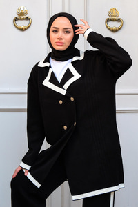 Şerit Desenli Gold Düğmeli İkili Takım  Siyah