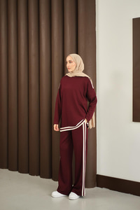 Şeritli İkili Takım Bordo