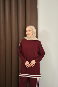 Şeritli İkili Takım Bordo