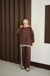 Şeritli İkili Takım Kahverengi